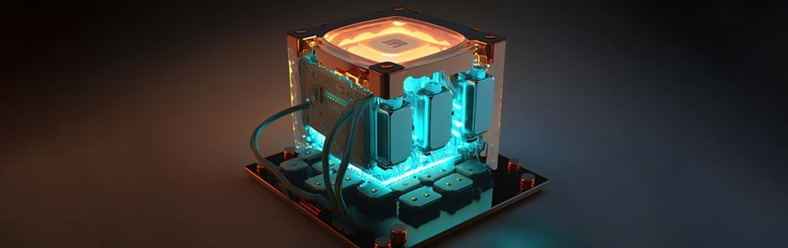Glowing liquid cooled futuristic hyper fast computer CPU.