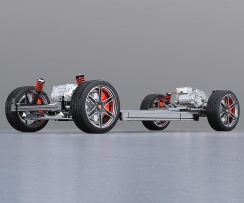 Electric-vehicle-drive-train-with-battery-pack-motors-and-tires